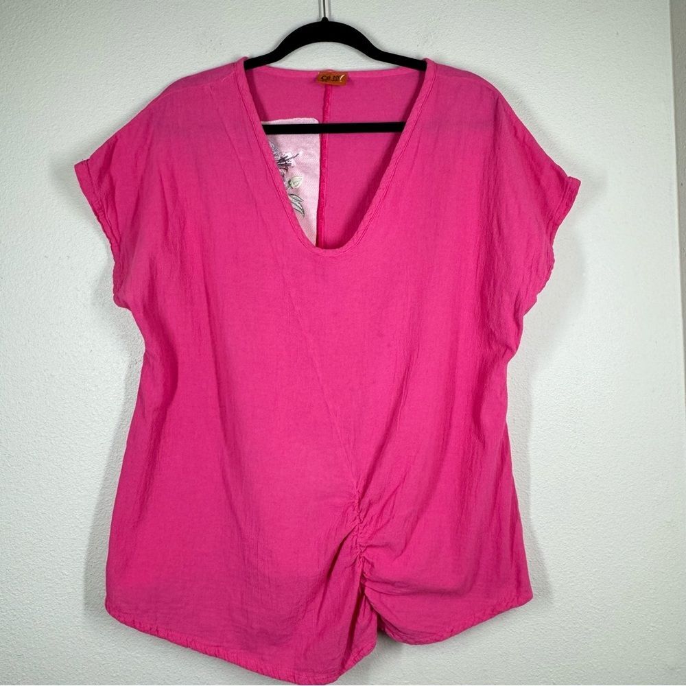 Oh My Gauze! Pink Short Sleeve Blouse Gathered Front Flower Embroidery 2(L/XL)